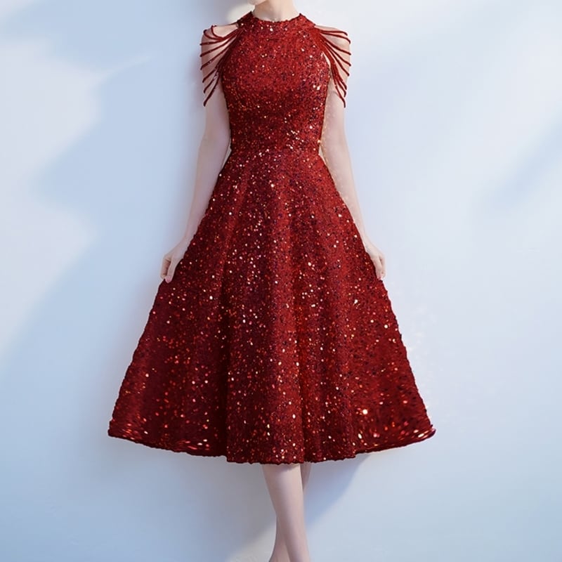 ビーズストラップスパンコールドレス D0179