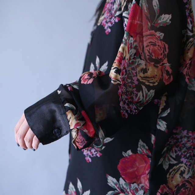 "sheer×satin" switching design beautiful flower pattern over silhouette see-through shirt