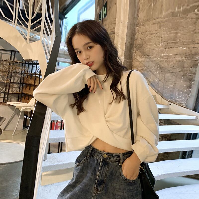 スプリングオータムルーズクロスホワイトセーター クロップトップ トップス 春物 秋物 スーパーモール45419478399