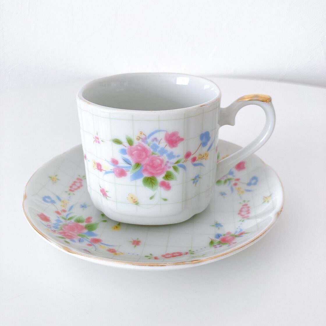 HONEY CHINA フラワー×チェックコーヒーカップ＆ソーサー | PAY ID