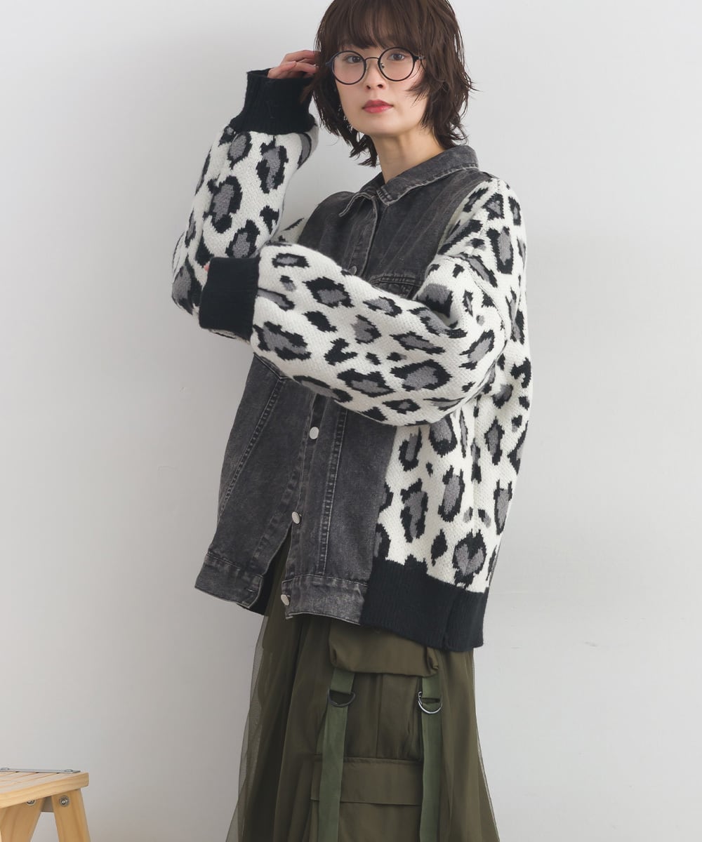 D261153 レオパードニット切替デニムジャケット / Leopard Knit Panel