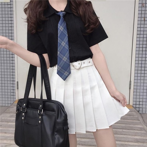 ✞ 清楚きれいめ☆黒シャツブラウストップス or  カワイイプリーツスカート 夏服 体型カバー✞ゴスロリ SM ミリ 甘ロリ クラロリ 和ロリ エレガント 黒ロリ 姫ロリ 華ロリ BB-BB1122790