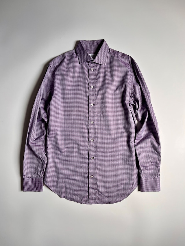 アルマーニ コレッツィオーニ  ARMANI COLLEZIONI 微細グラフチェック柄 ヘリンボーン 長袖シャツ 微光沢｜パープル×ネイビー｜38 Sサイズ相当｜古着 チュニジア製 2000年代以降