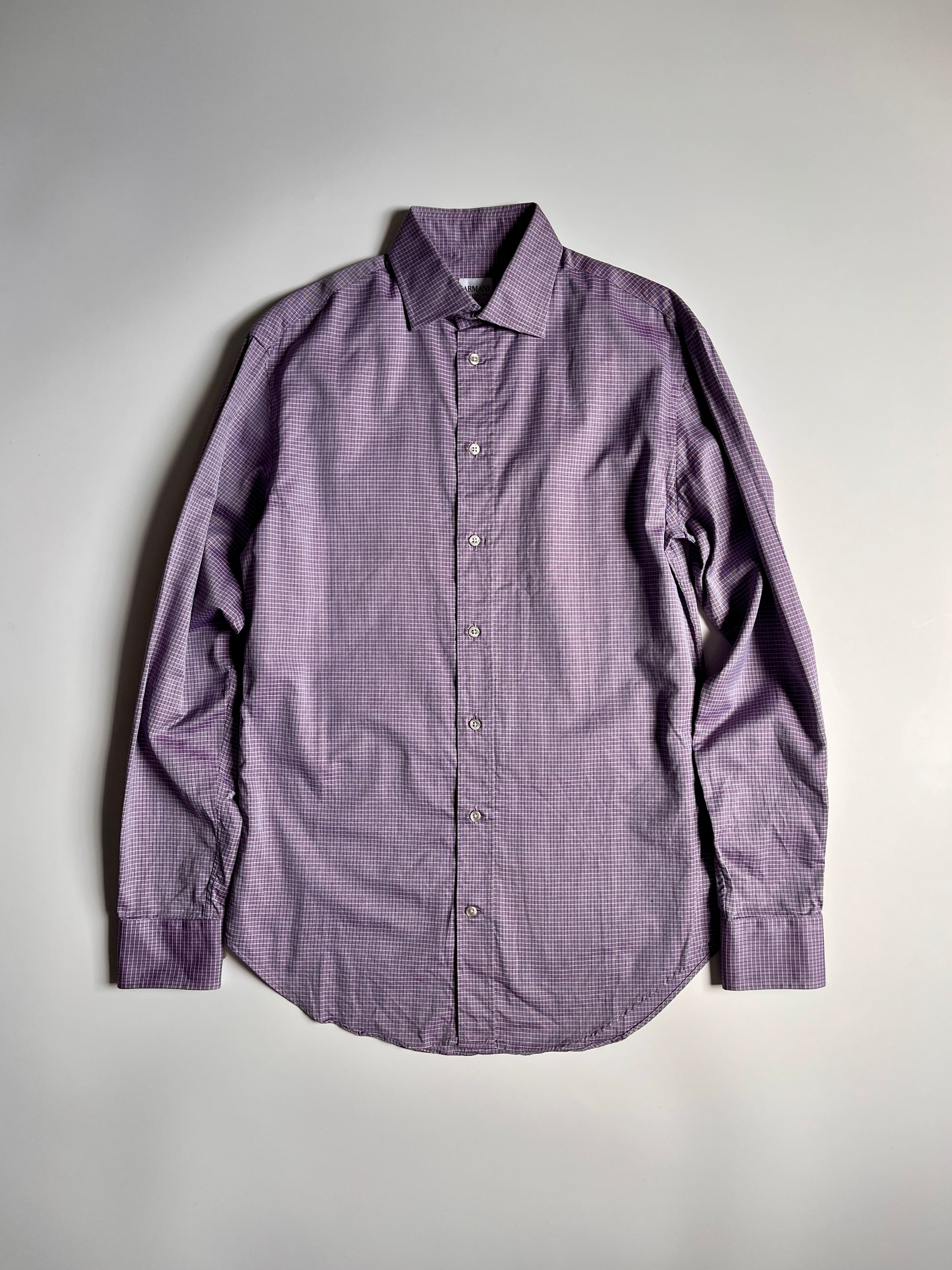 アルマーニ コレッツィオーニ ARMANI COLLEZIONI 微細グラフチェック柄 ヘリンボーン 長袖シャツ 微光沢|パープル×ネイビー|38 Sサイズ相当|古着 チュニジア製 2000年代以降