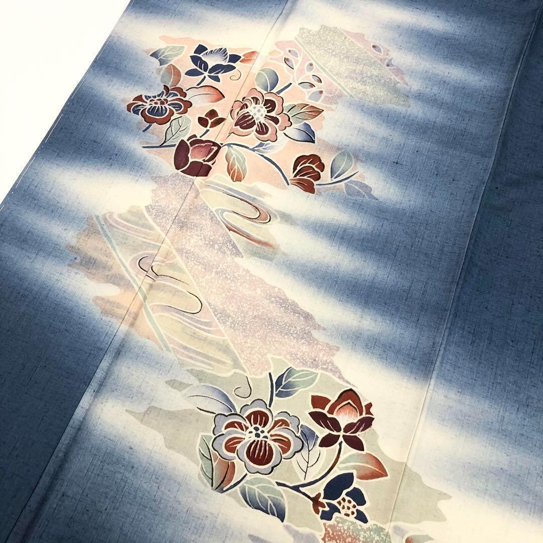 付下げ 品のある花柄模様 暈し 紬 青黛色 しつけ糸 K-3541 着物