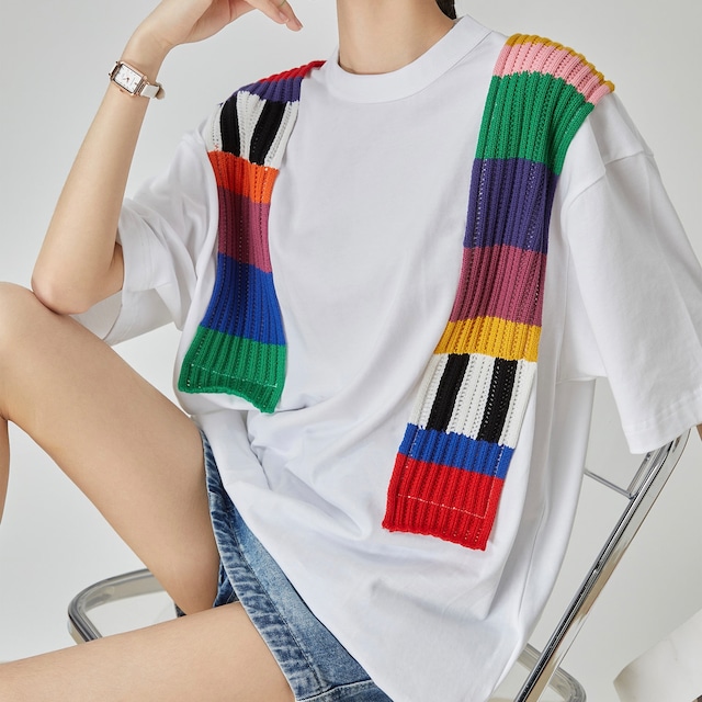 カラフルストライプニットパネルTシャツ H0091