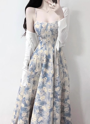 花柄ワンピース フレンチブルー サスペンダードレス ウエストロングスカート