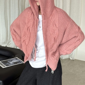 zip-up hooded knit cardigan J00038