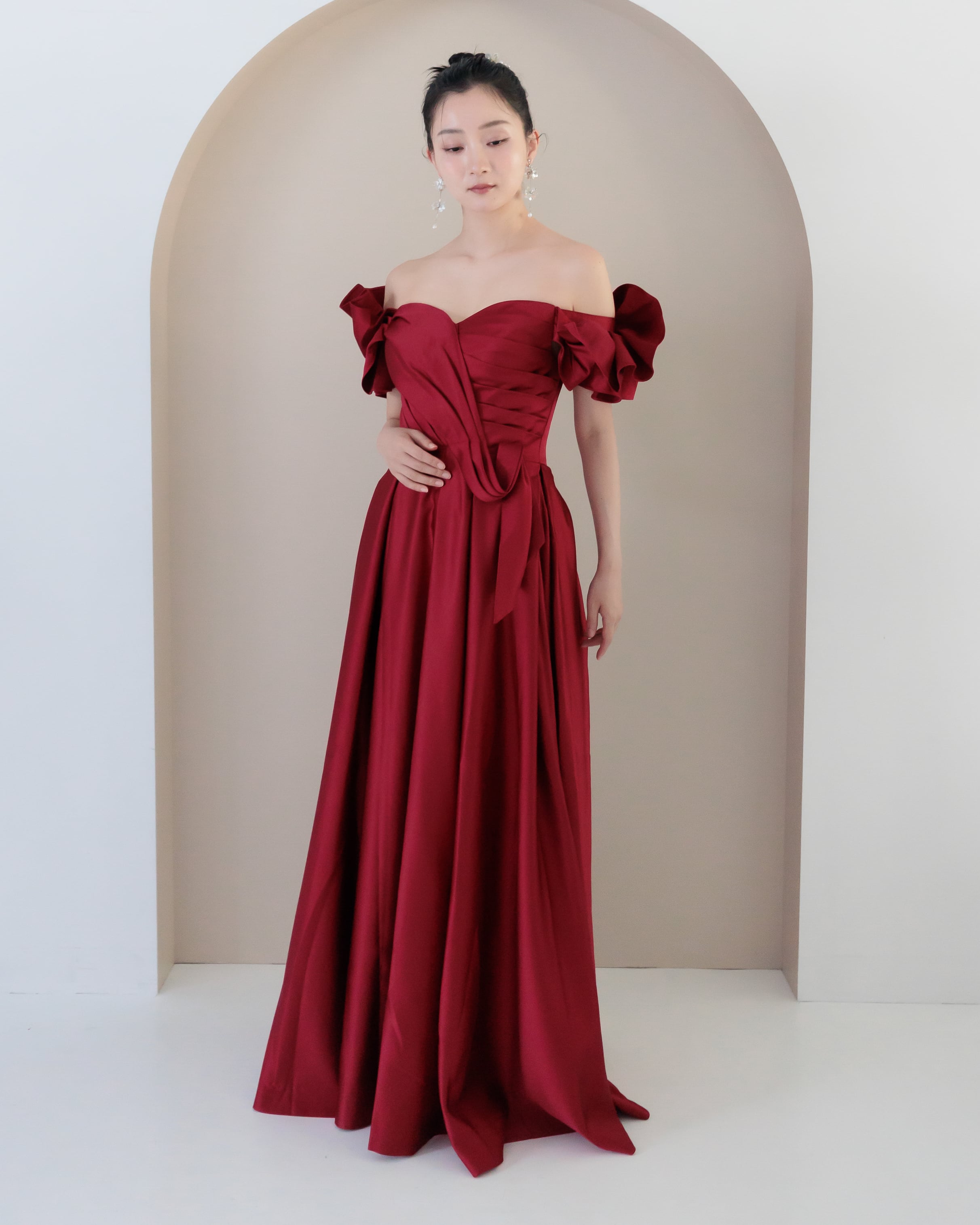 ドレスプロダクション　カラードレス　W301DG 2way パフスリーブ サテン ハートカットドレス（W301DG）