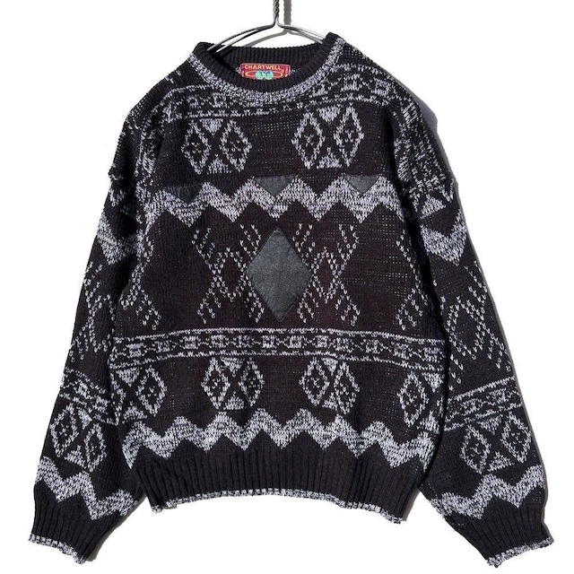 [CHARTWELL] Vintage Abstract Pattern Leather and Knit Crewneck Knit [1990s-]