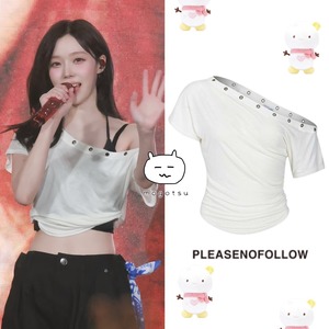 ★aespa ウィンター 着用！！【PLEASENOFOLOW】Harry Button Unbal Shirring Short Top (Ivory)