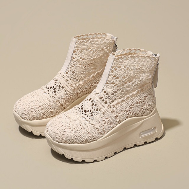lace material platform zip-up short boots m0354