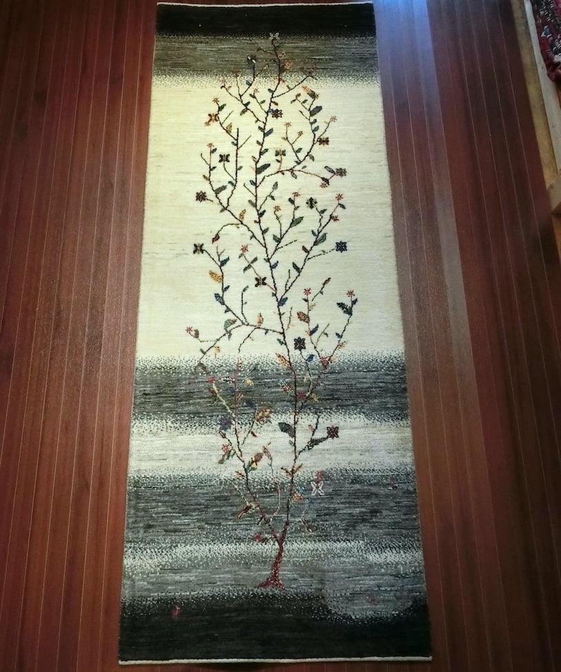 ペルシャ絨毯　リズギャッベ 新品 ペルシャ絨毯 手織り リズ ギャッベ 125×85cm 緑色 ラクダ 女の子