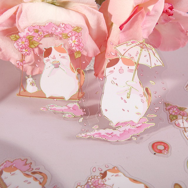 猫と桜の季節箔押しPETシール40枚入り【沐染】[MX-01]