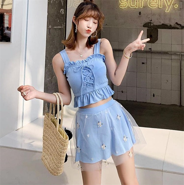 バイカラーでおしゃれ感アップ 温泉 水着 スプリットフラットアングル 2点セット 学生 韓国版 スリム