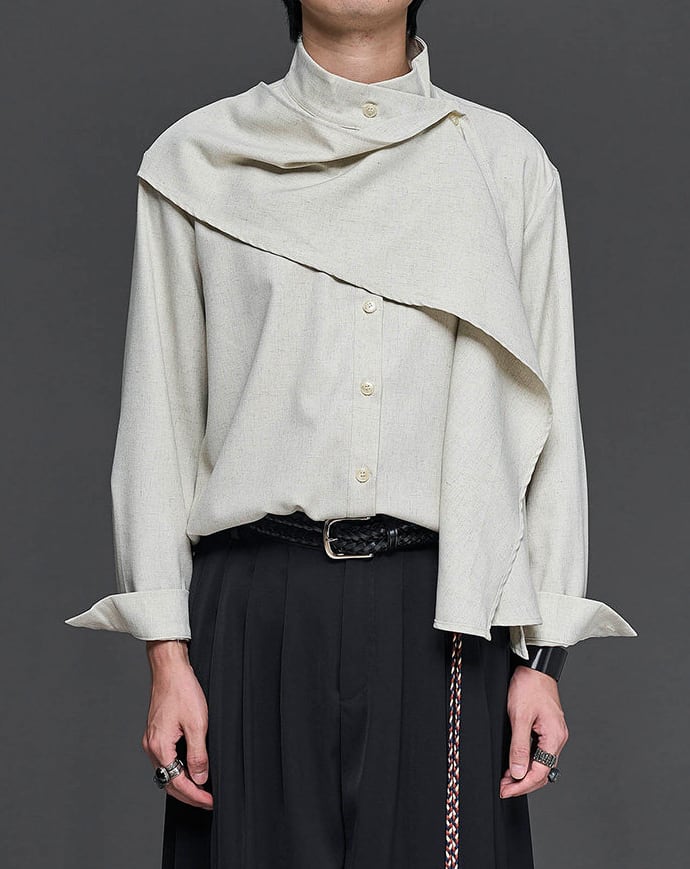 【ORV0120】Retro Wrap-Collar Cape-Style Shirt / 3color