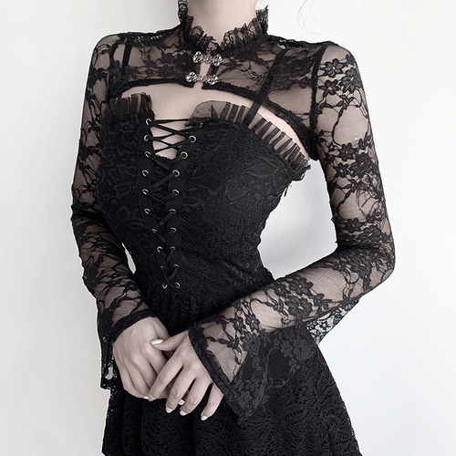 ✞✝✞ 黒ダーク総レース花柄カーディガン ボレロ ショートブラウス  きれいめ☆バックルジャケット ♥カワイイ♥ レトロ ✞✝✞ ゴスロリ SM ミリ 甘ロリ クラロリ 和ロリ エレガント 黒ロリ 姫ロリ 華ロリ AA-AA7127792