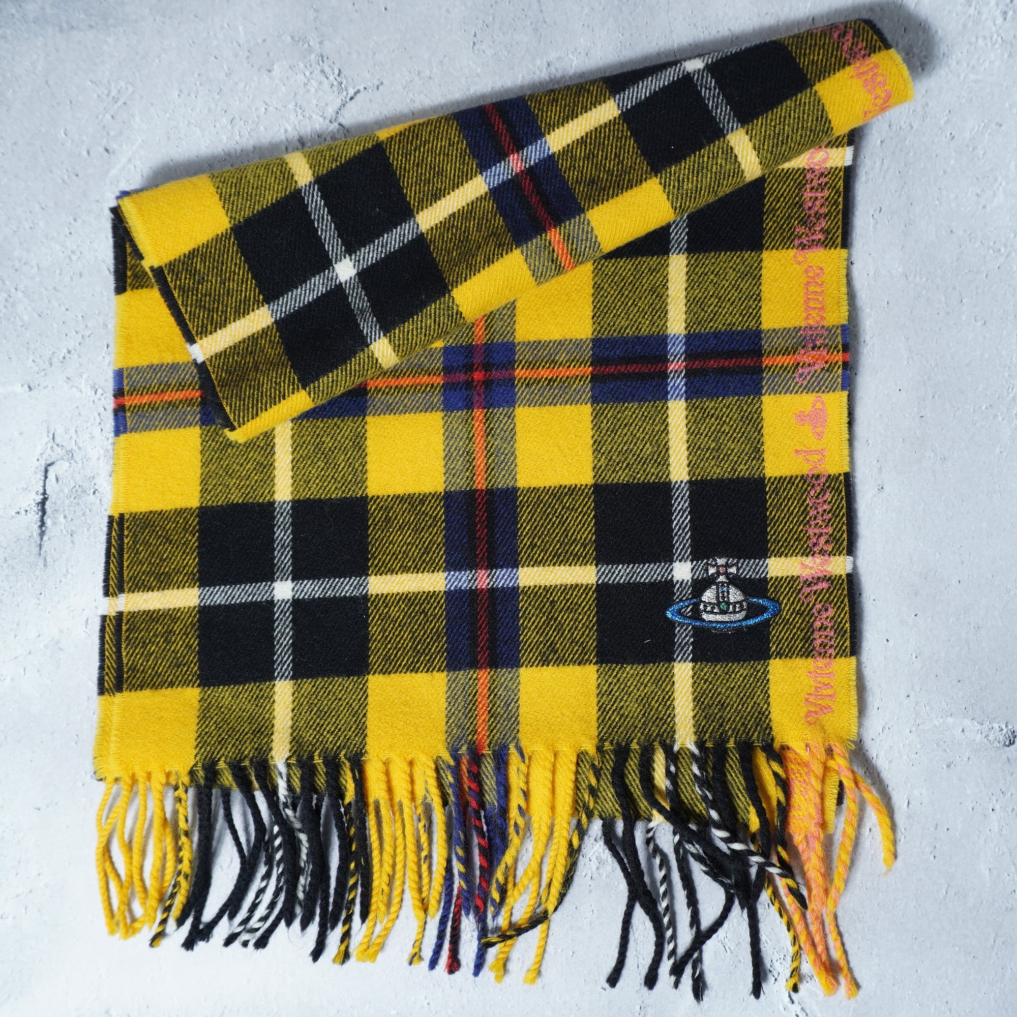 ヴィヴィアンウエストウッド カシミヤ タータンチェックマフラー オーブロゴ刺繍 Vivienne Westwood】ヴィヴィアンウエストウッド オーブロゴ刺繍