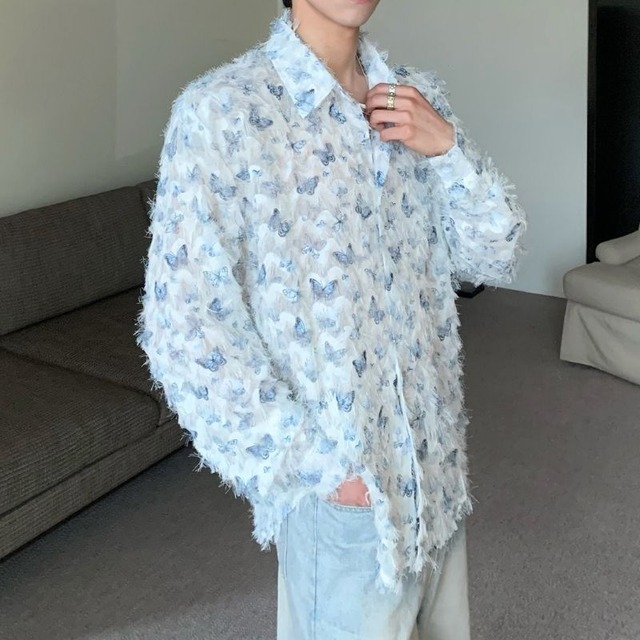 バタフライ柄タッセルデザインシャツ C10405