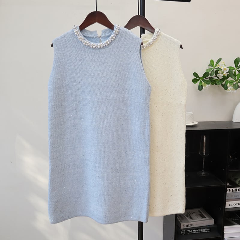 【dress】パール付きノースリーブニットワンピース Q7323