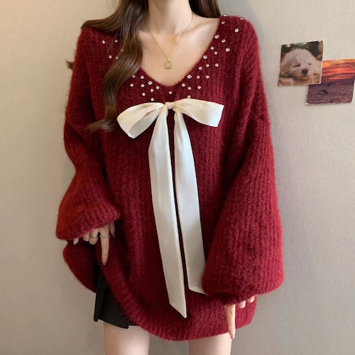 2色／配色リボンルーズニットプルオーバー ・74220