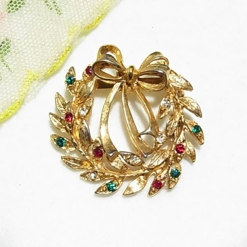 リボンにフラワーリースのブローチ　 ヴィンテージアクセサリーのセール通販　11470B
