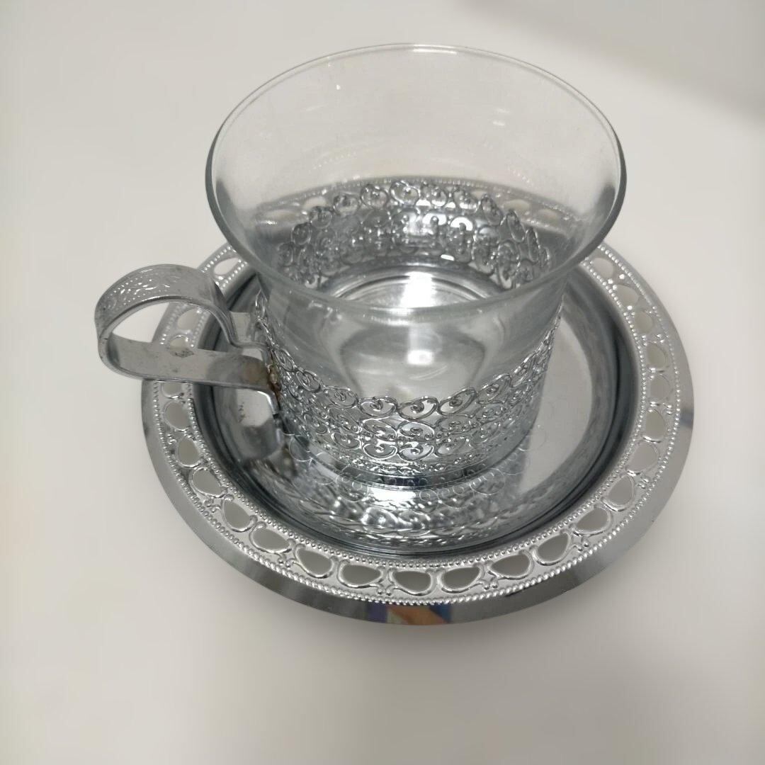 ガラス カップ＆ソーサー 5客セット シルバー装飾 耐熱 260115-6T