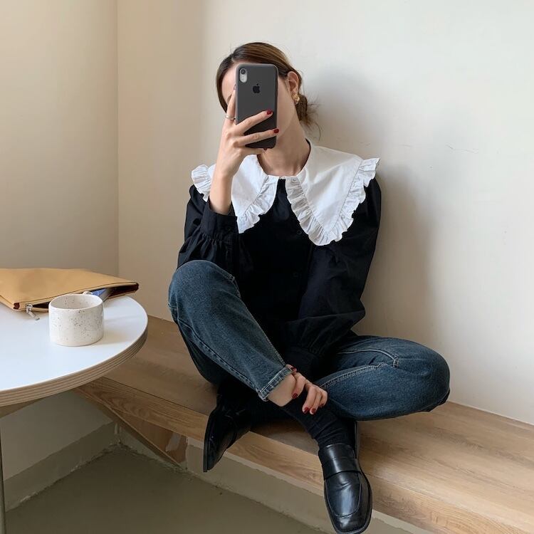 ダブルブレストシャツ カラーレーススリーブトップス レディース ロング ビッグFスモールZ韓国78689175933