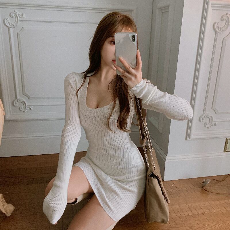 ニットドレス ホワイトスリムショートスカート オータムウィンター ロング 秋物 冬物 ブラックストロベリース17878744639