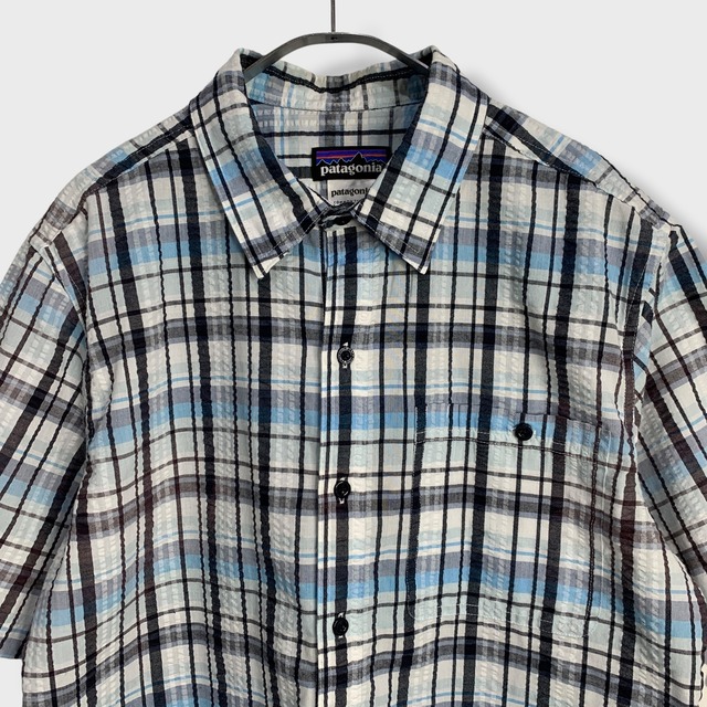patagonia パッカーウェアシャツ チェック柄半袖シャツ ブルー系 M