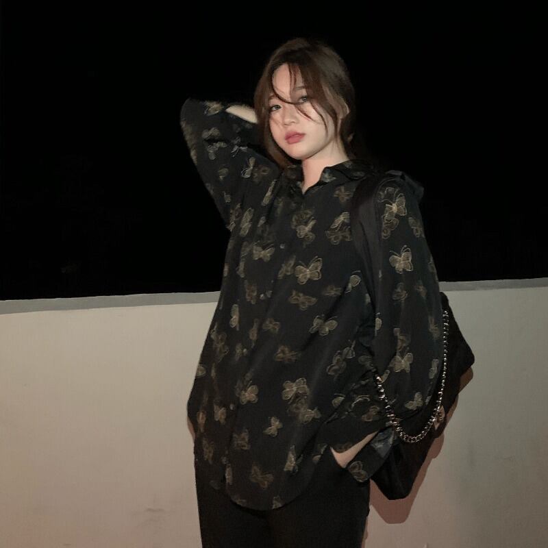 Butterflyデザイン シャツ オータムウィンタースタイルルーズトップス ロング 秋物 冬物 ブラックストロベリース2451258346