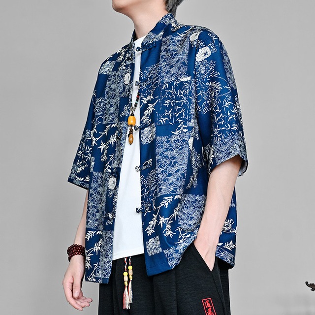 【HKシリーズ】★チャイナ風トップス★ 3color トップス ユニセックス メンズ 大きいサイズ 花柄 チャイナボタン 黒 青