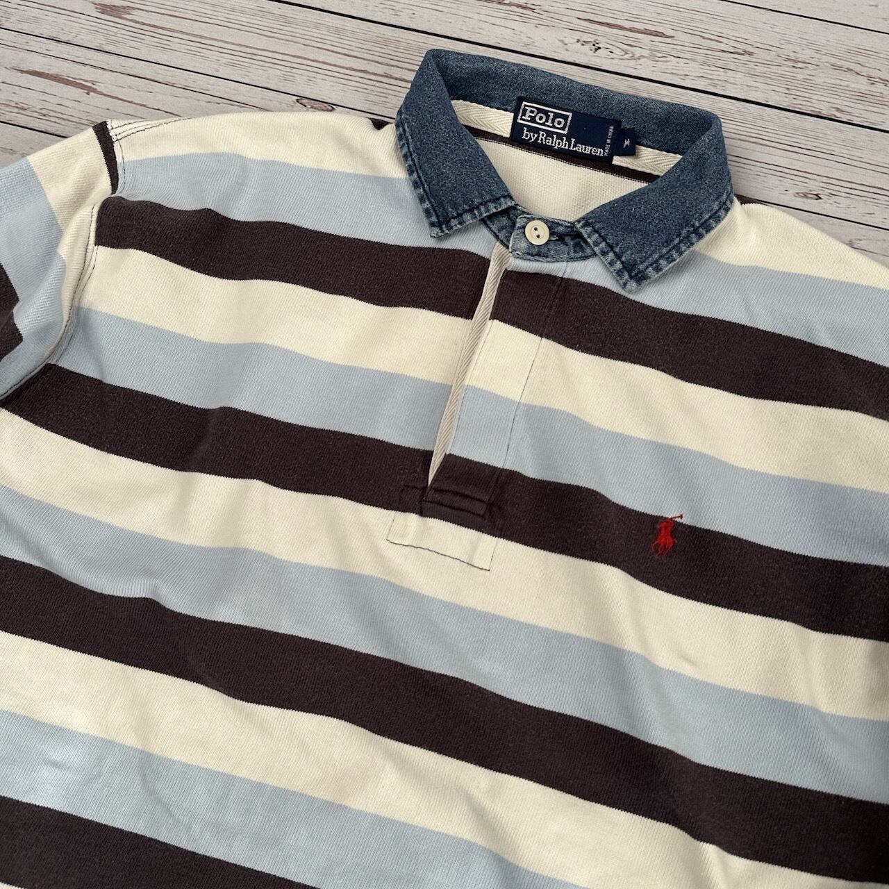 80s~90s RALPH LAUREN インディゴ襟 ラガーシャツ ボーダー 長袖シャツ