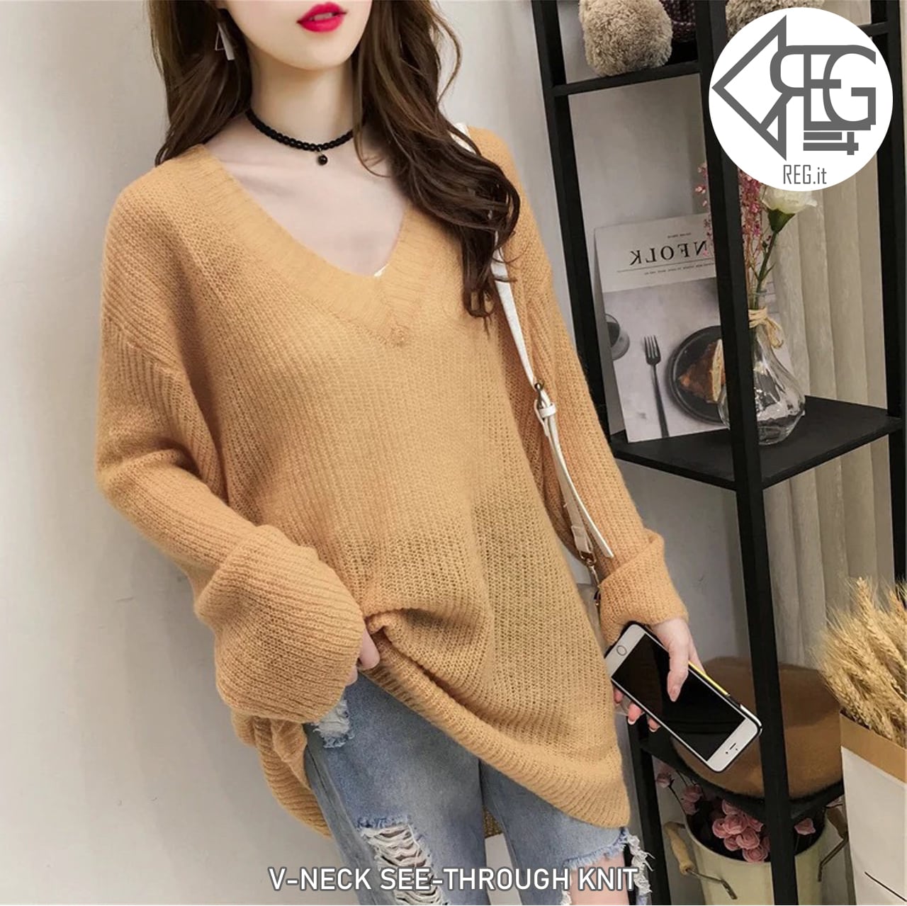 Regit 即納 V Neck See Through Knit S S 韓国ファッション シースルーニット レイヤード セクシー系 Regit