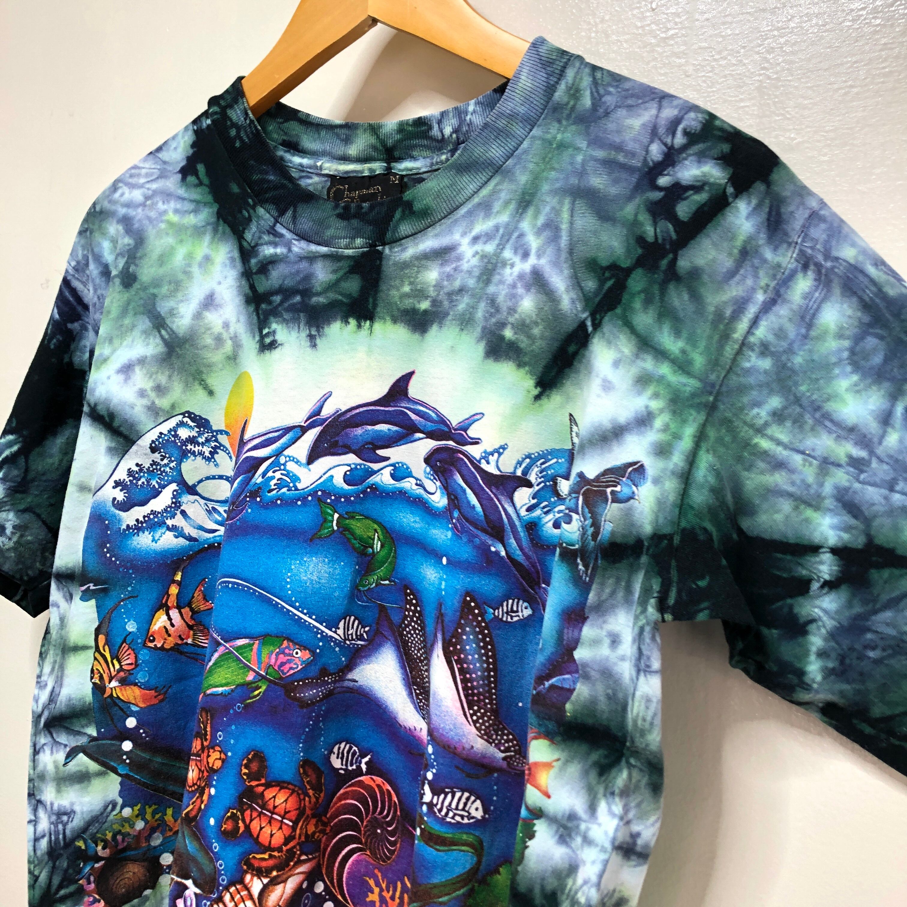 リキッドブルー USA製90s 希少 ドルフィン タイダイ染め Tシャツ-