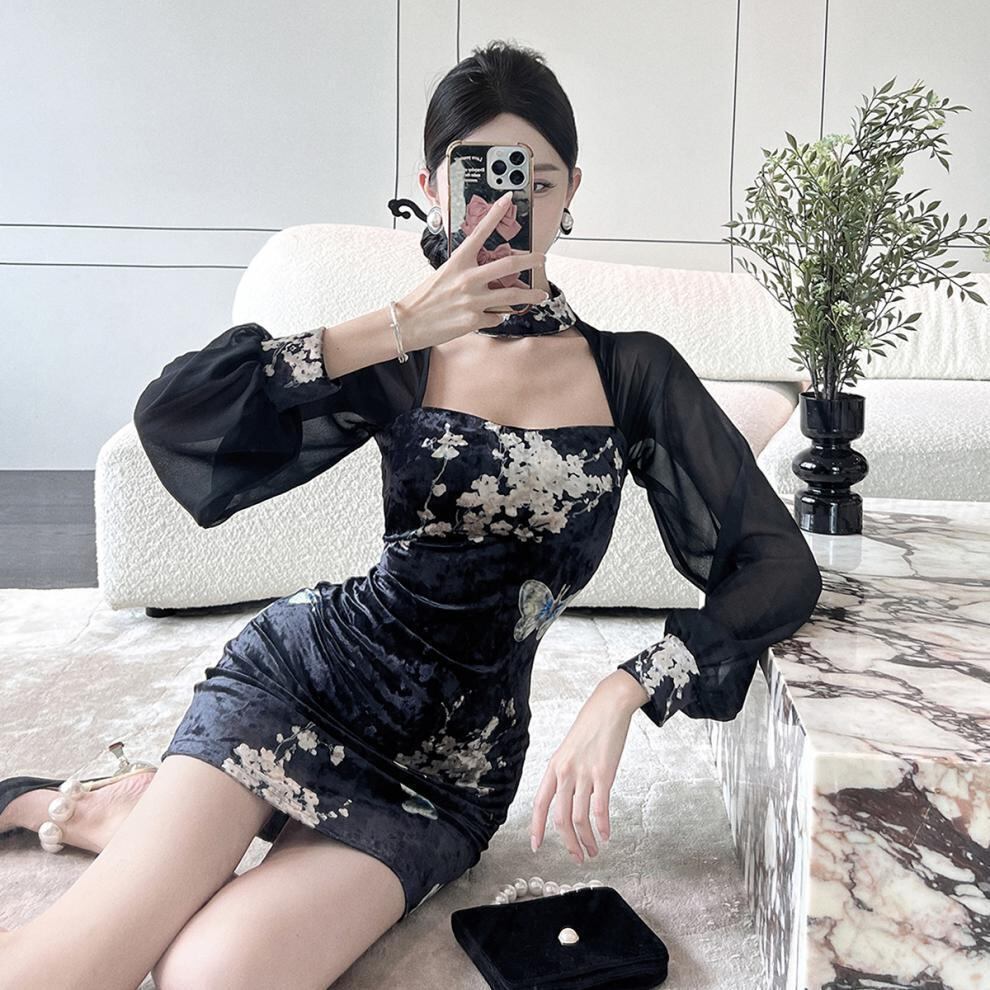 ミニドレス エレガント 気質 セクシー 着瘦せ 袖付き 花柄 XH2-LQE3101H349T