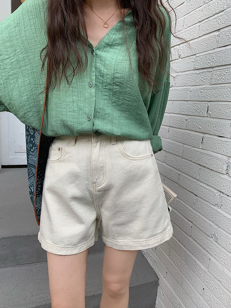 ホワイトジーンズ レディースサマースタイルウェストボタンポケットルーズショーツ 夏物 ブルマー ビッグFスモールZ韓国2062514438