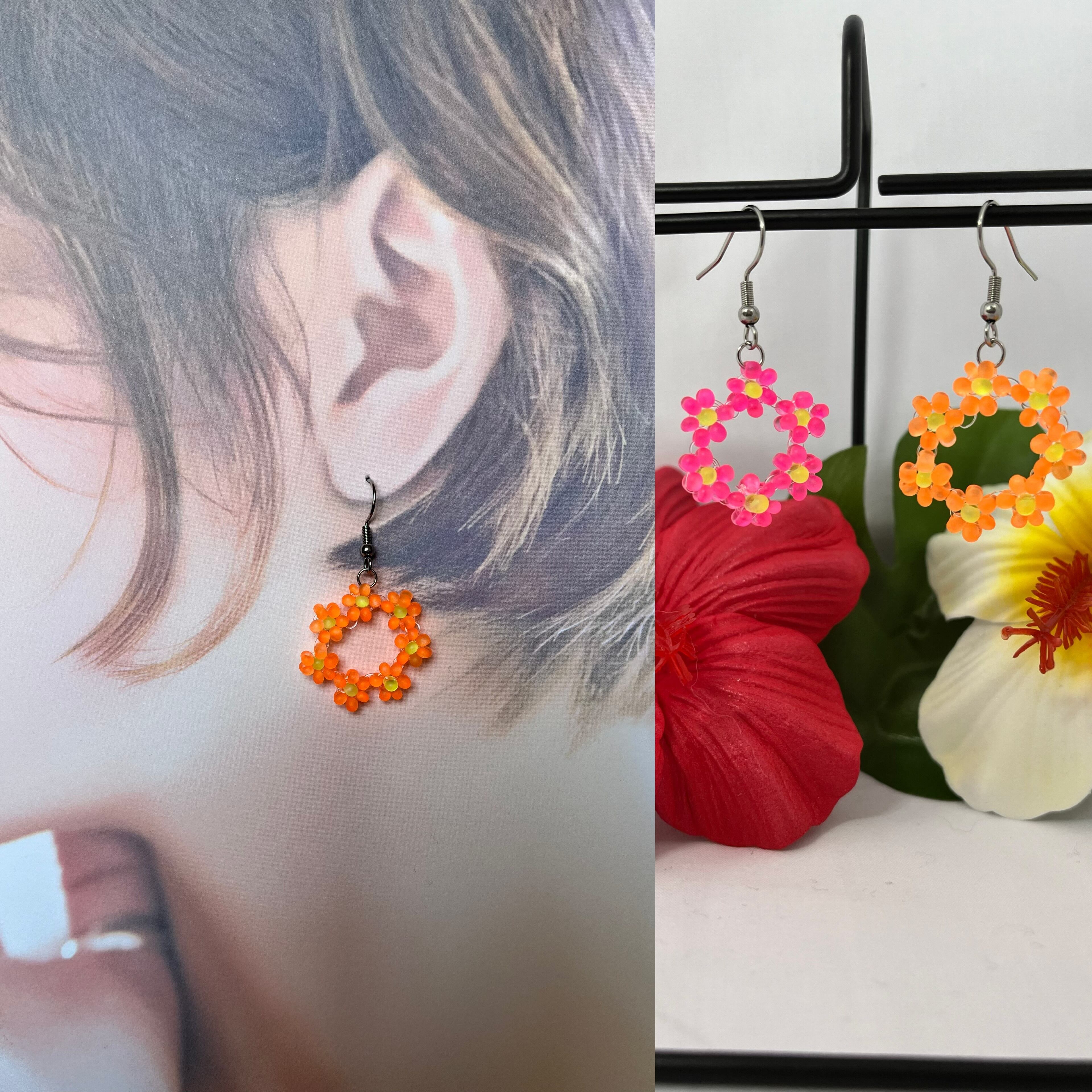 お花サークル ネオンファルファーレビーズ ピアスorイヤリング | PAY ID