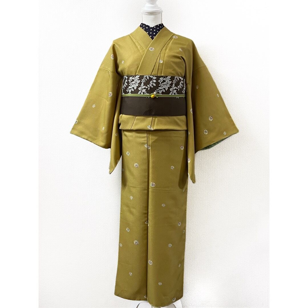 小紋着物 化繊 金彩 つわぶき kimono A-1464