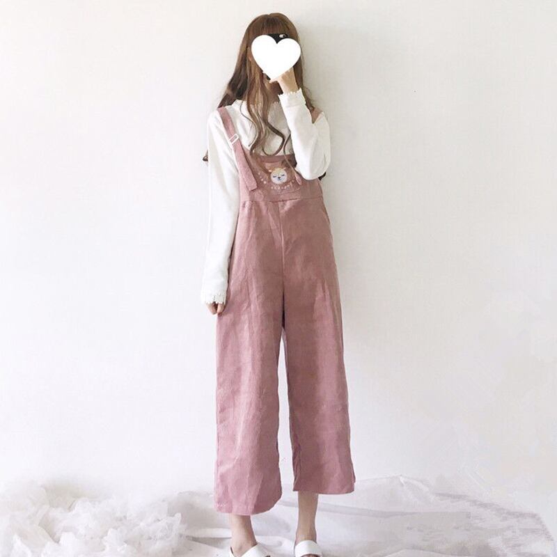 秋の服ese漫画刺繡カレッジスタイルルーズコーデュロイcecパンツ女性2020新しいワイドレッグオーバーオール 萌量不足36173824067