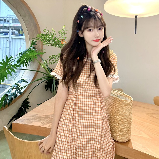 ドレス サマー薄手スタンダード格子柄ウェストスカート レトロ 夏物 1号婦人98899364280