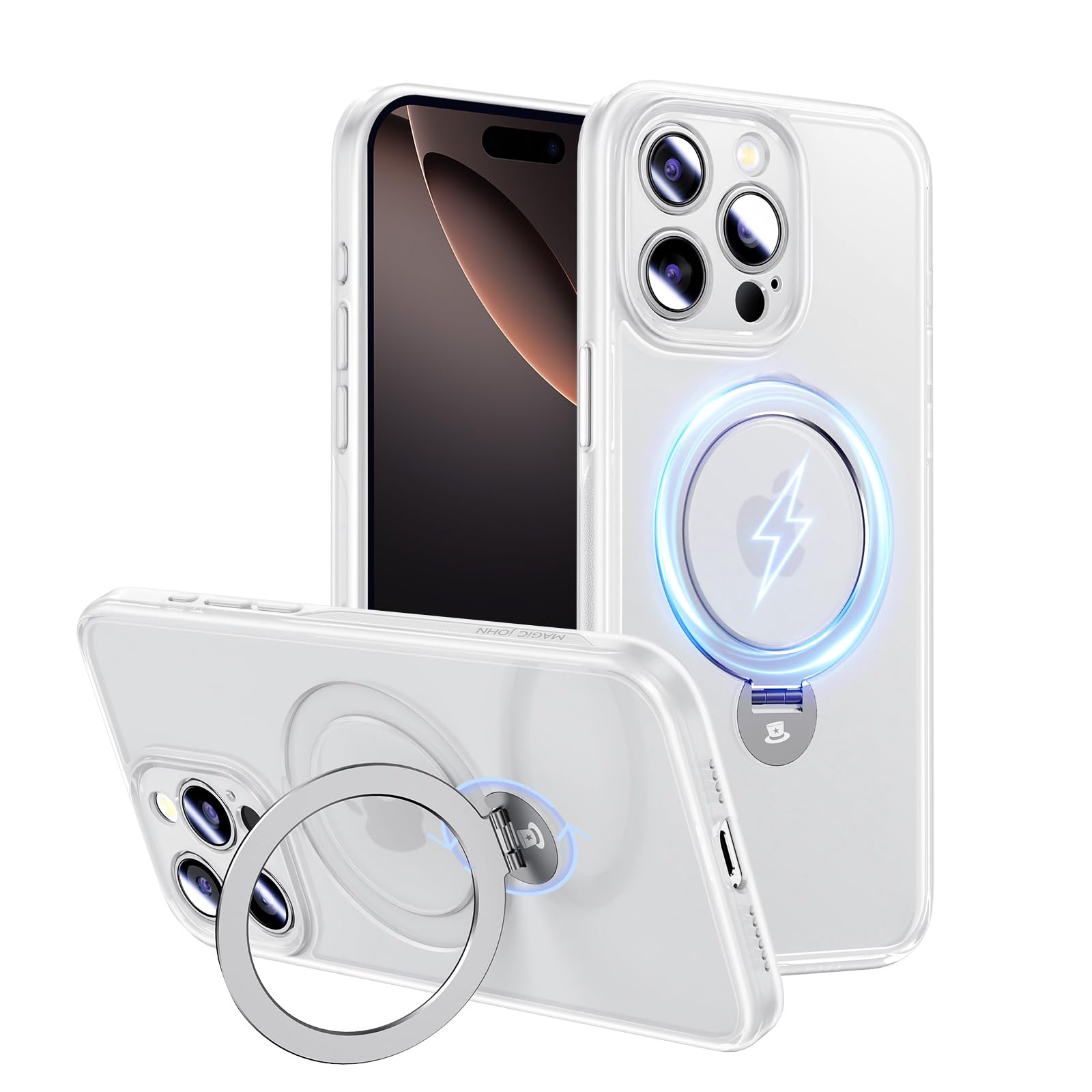 【在庫処分】Magic John iPhone 16 Pro 用 ケース 耐衝撃 MagSafe対応 ワイヤレス充電 スタンド付き 360°回転 滑り止め いphone16 Pro 用 ケース 半透明 カメラ保護 TPU ズレにくい ホコリ付きにくい スマホケース iphone 16 Pro 用 ホワイト