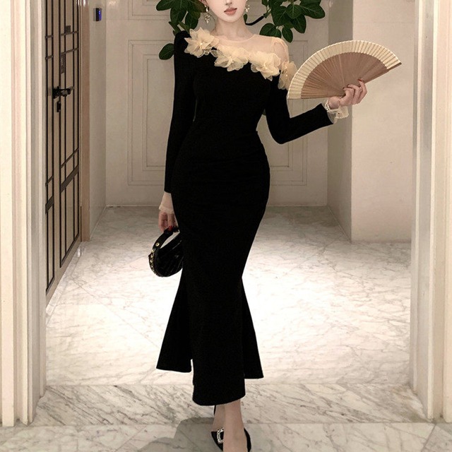 ワンピース デザイン感 メッシュ シルエット 長袖 ブラック S M L