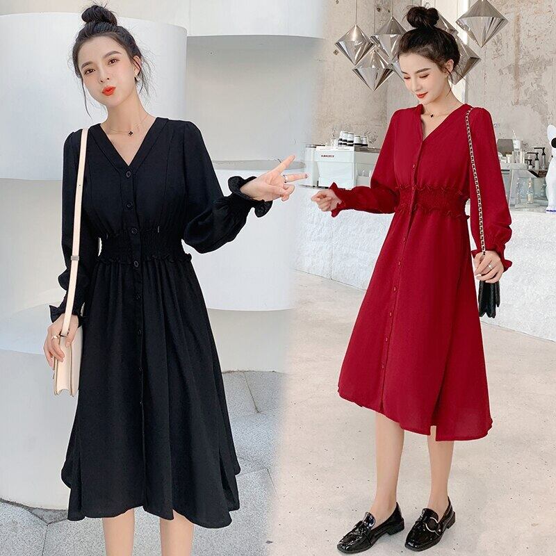 【新作】【送料無料】 プラスサイズマタニティナーシングドレス秋のロングランタンスリーブVネックボタンフライ産後女性母乳育児ドレス授乳 大きめサイズ オータム 秋物 AL expec364778580735