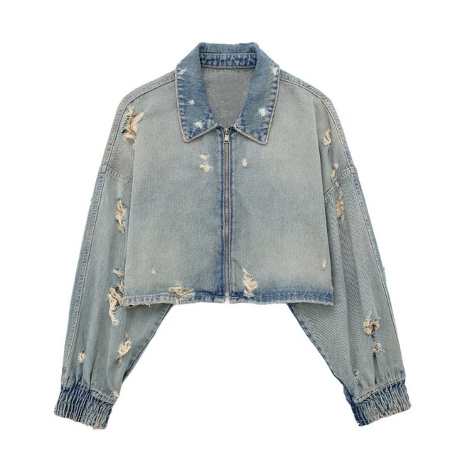 distressed zip-up denim short jacket J00051