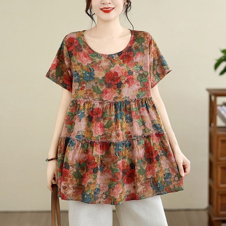 FLORAL PRINT TIERED RELAXED SHORT SLEEVE TOP M-17636