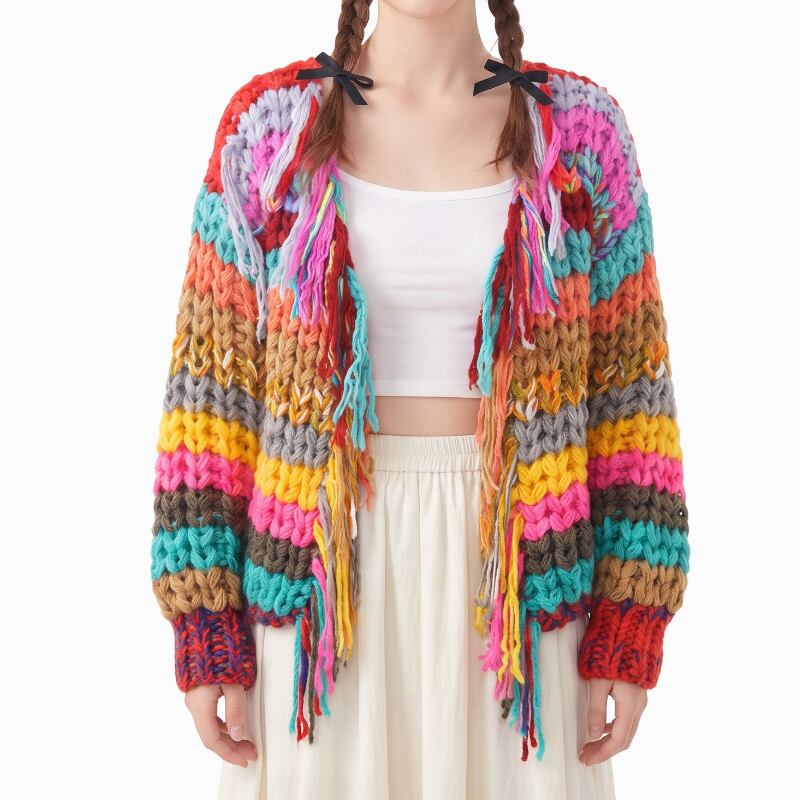 Multi Stripe Fringe Chunky Cardigan S0155