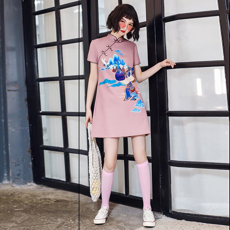 墨黛蘭シリーズ チャイナドレス ワンピース ゆったり ピンク ファション 普段着 花火大会 お祭り Elegant 墨黛蘭シリーズ チャイナドレス ワンピース ゆったり ピンク ファション 普段着 花火大会 お祭り Elegant