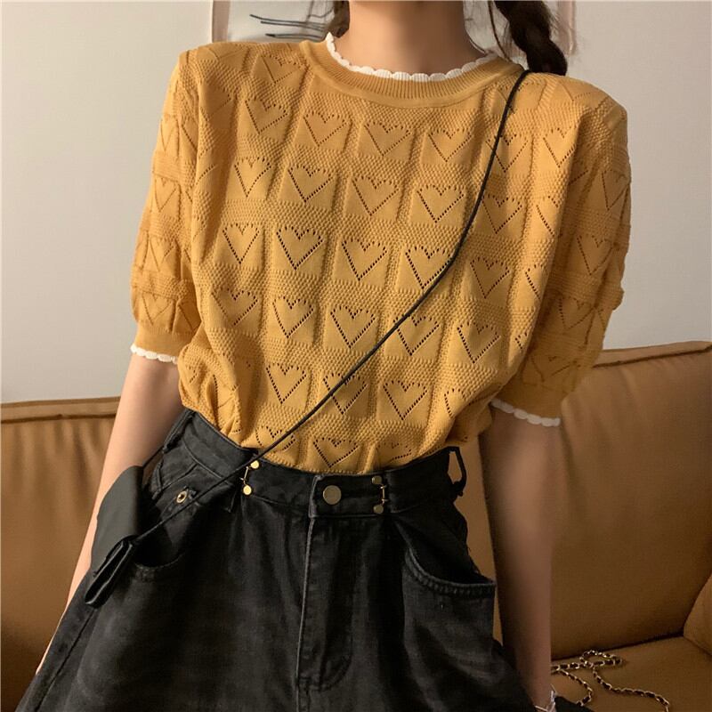 非常にフェアリートップデザインセンスニッチ中空愛セーター夏ルーズコントラスト半袖半袖Tシャツトレンド 1号婦人47936707304