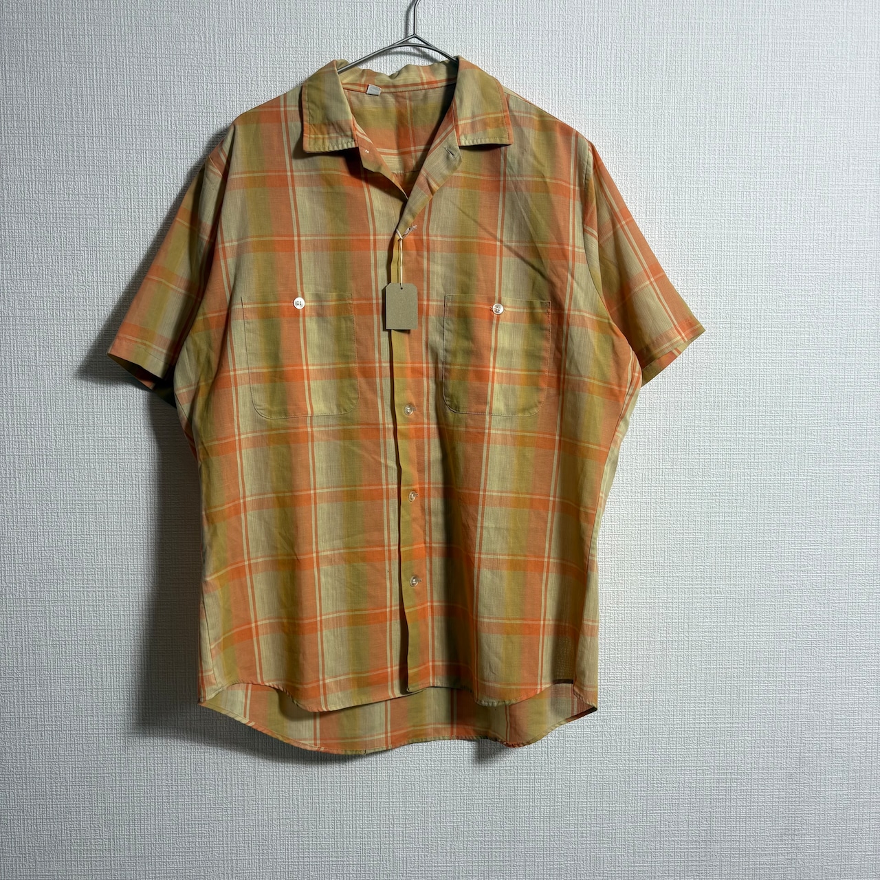 70s  半袖 チェック オープンカラー シャツ